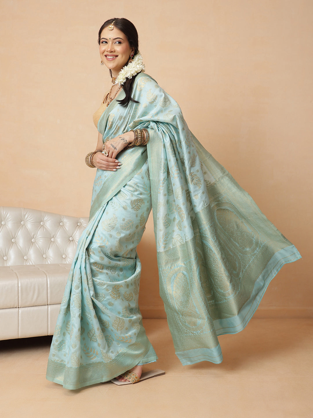 Woven Design Banarasi Cotton Silk Pastel Color Saree With Zari Border