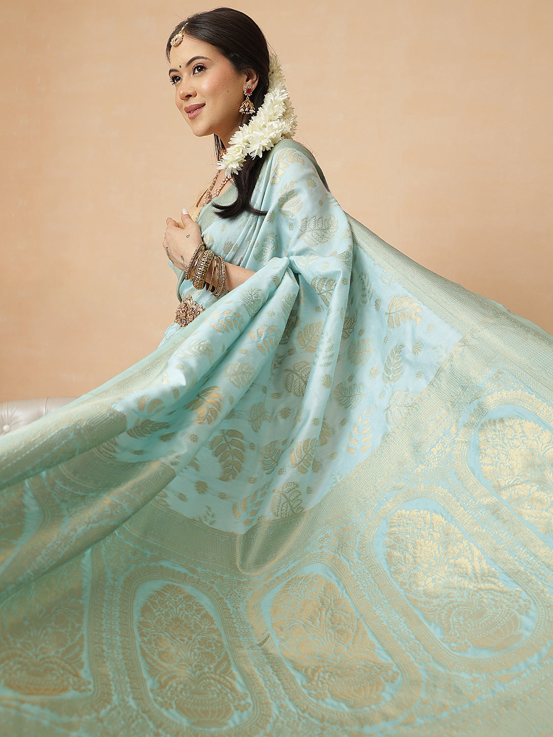 Woven Design Banarasi Cotton Silk Pastel Color Saree With Zari Border