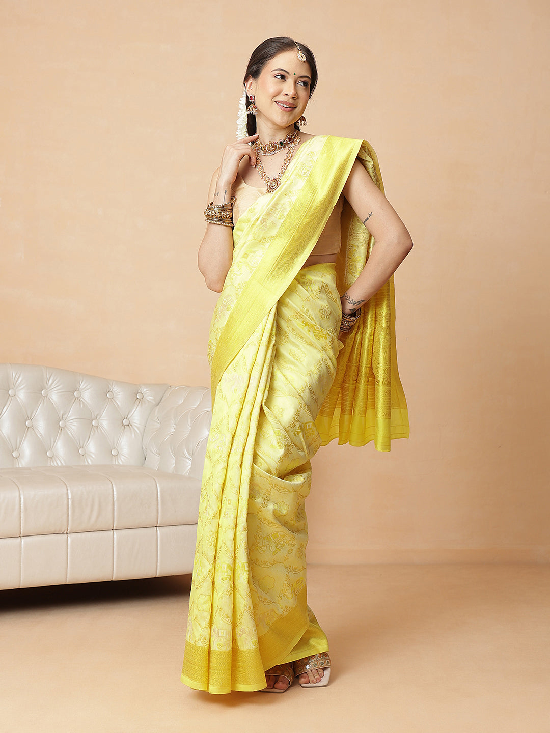 Woven Design Banarasi Cotton Silk Pastel Color Saree With Zari Border