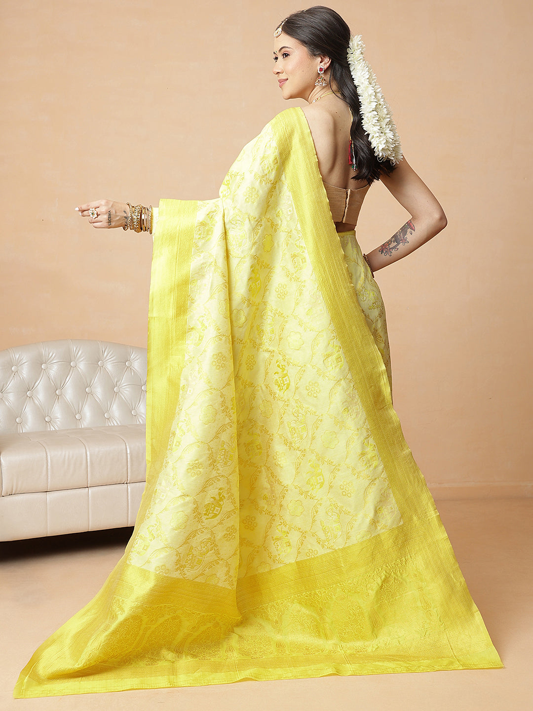 Woven Design Banarasi Cotton Silk Pastel Color Saree With Zari Border