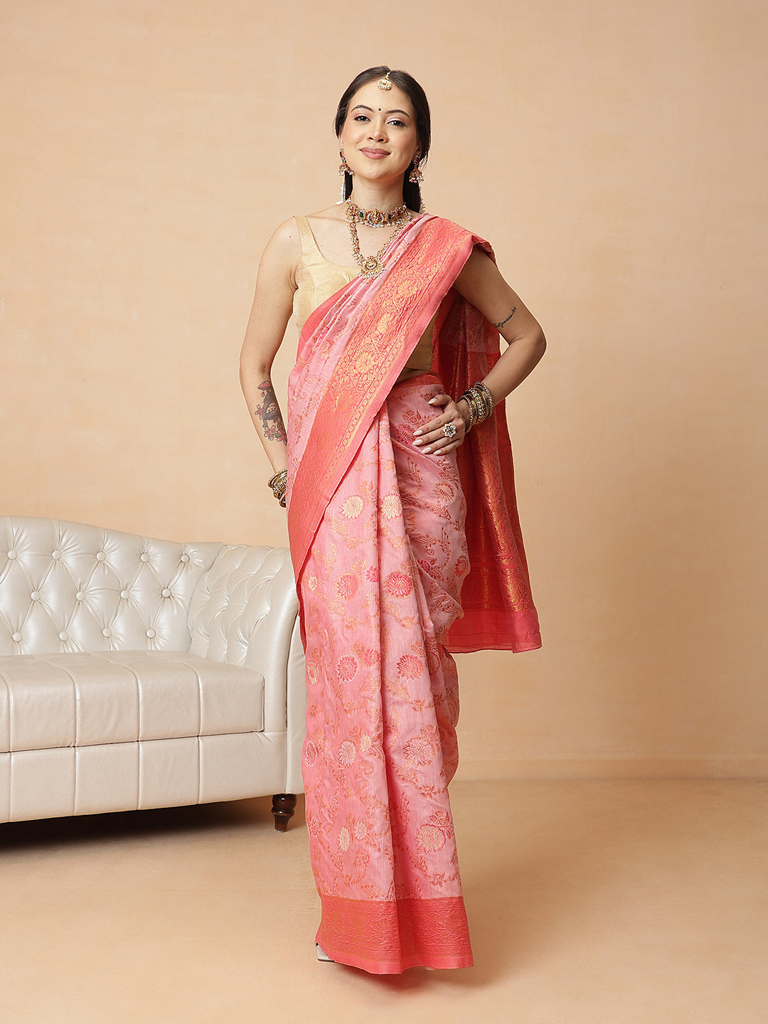 Woven Design Banarasi Cotton Silk Saree With Zari Border