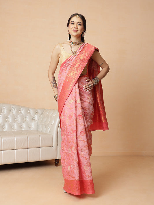 Woven Design Banarasi Cotton Silk Saree With Zari Border