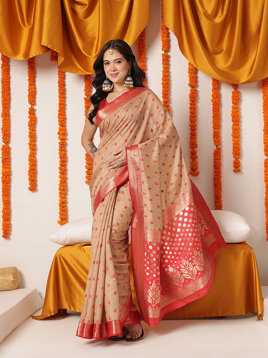 Woven Work Banarasi Cotton Silk Saree With Contrast Pallu & Blouse