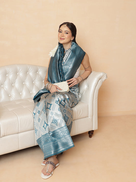 Banarasi Silk Zari Woven Design Abstract Saree With Contrast Border