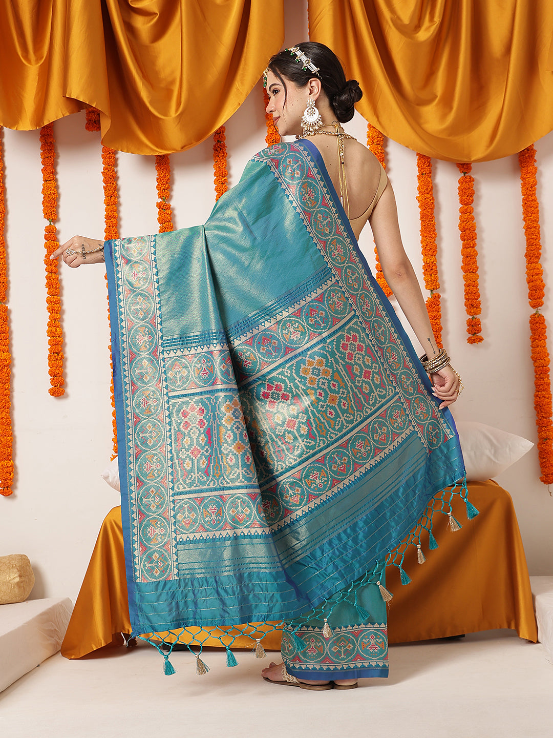 Tissue Inspired Pure Weaving Gala Patola Saree With Handmade Tassels – Teal – view 3