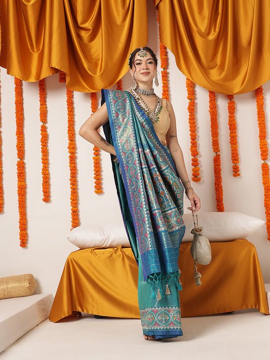 Tissue Inspired Pure Weaving Gala Patola Saree With Handmade Tassels – Teal