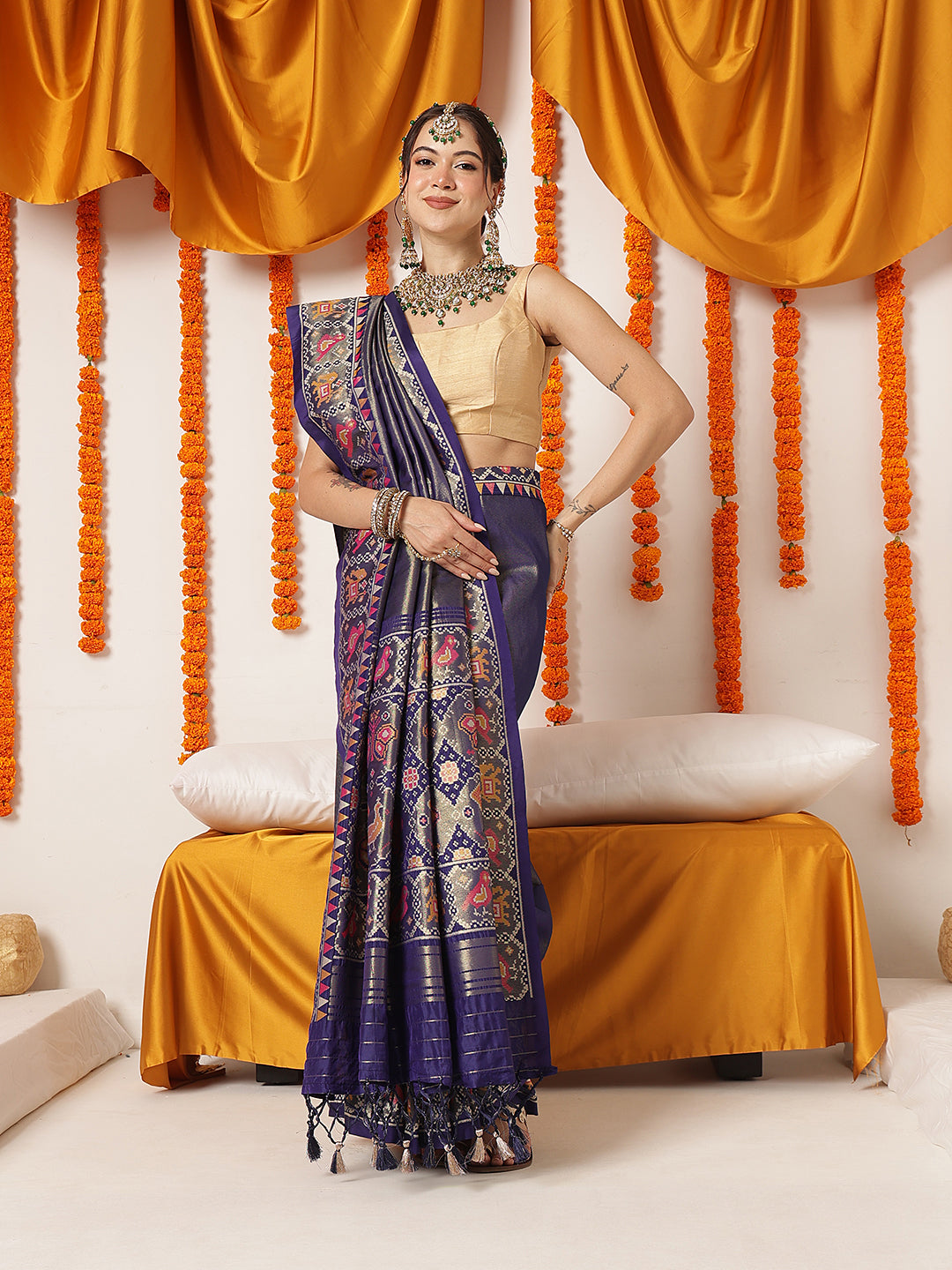Tissue Inspired Pure Weaving Gala Patola Saree With Handmade Tassels – Blue