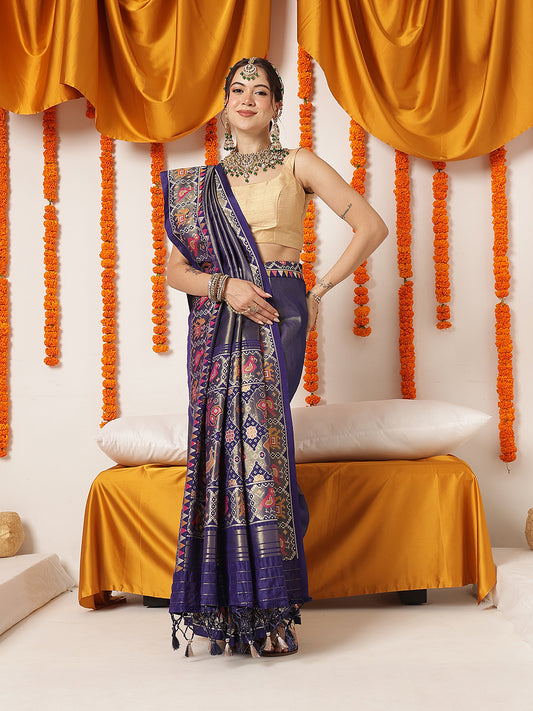 Tissue Inspired Pure Weaving Gala Patola Saree With Handmade Tassels – Blue