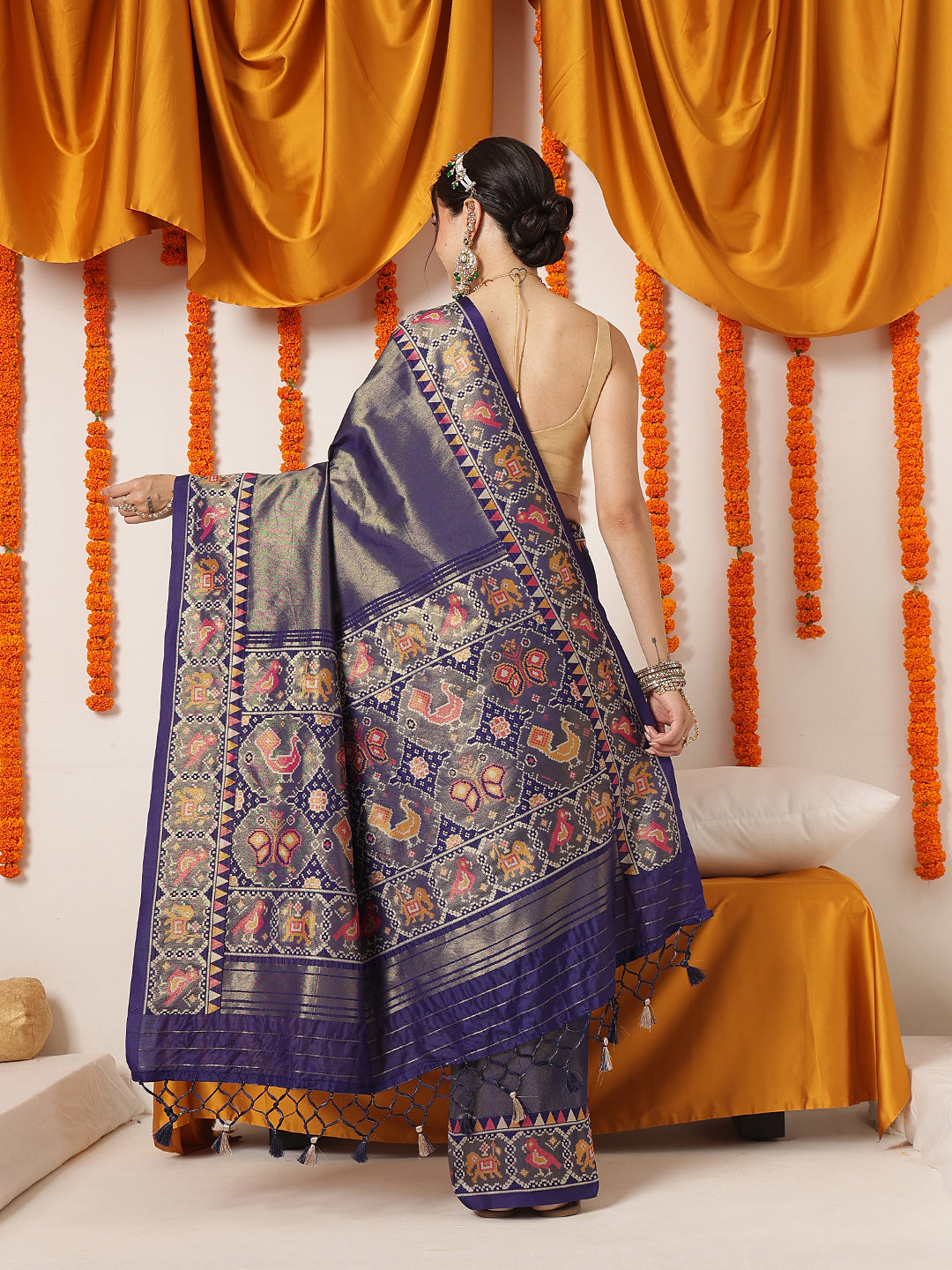 Tissue Inspired Pure Weaving Gala Patola Saree With Handmade Tassels – Blue – view 3