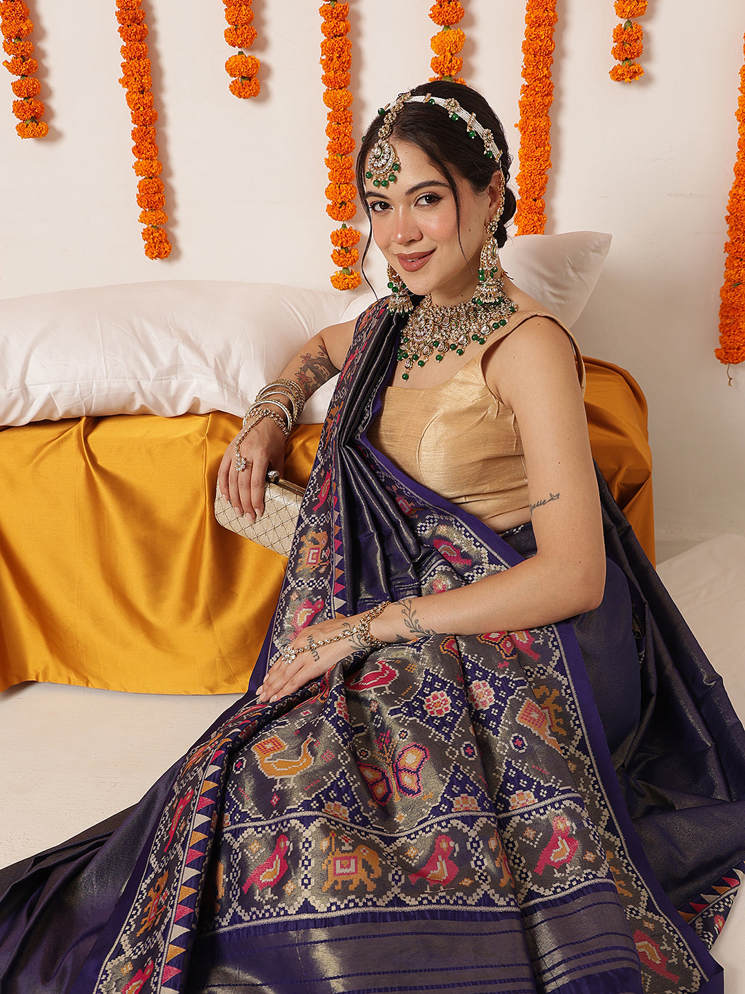 Tissue Inspired Pure Weaving Gala Patola Saree With Handmade Tassels – Blue – view 4
