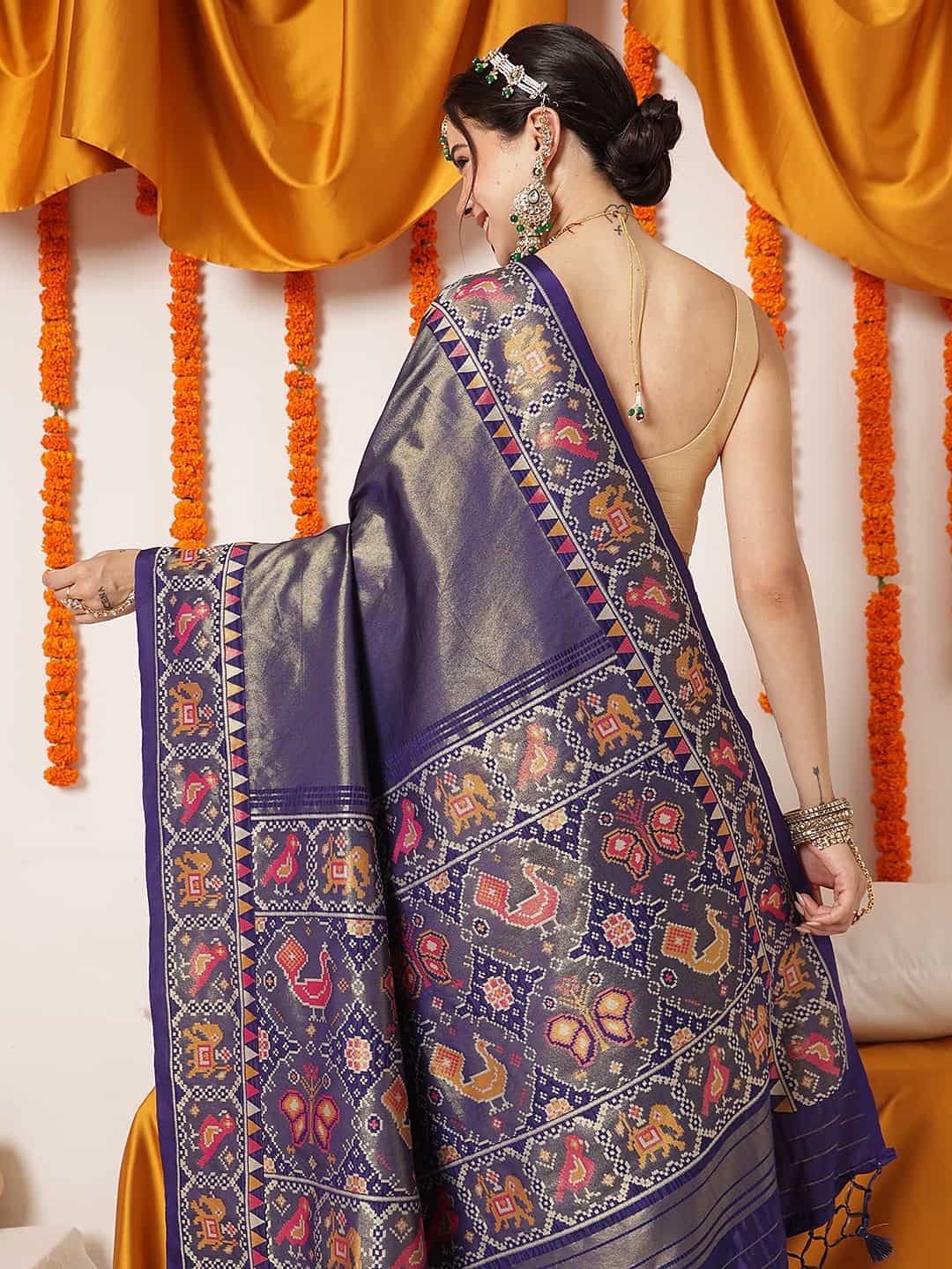 Tissue Inspired Pure Weaving Gala Patola Saree With Handmade Tassels – Blue – view 5