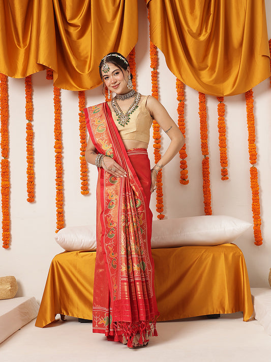 Tissue Inspired Pure Weaving Gala Patola Saree With Handmade Tassels – Red