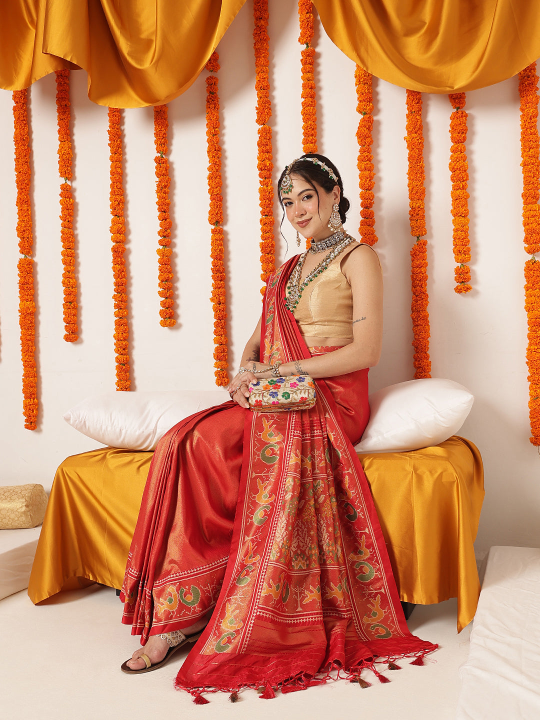 Tissue Inspired Pure Weaving Gala Patola Saree With Handmade Tassels – Red – view 2