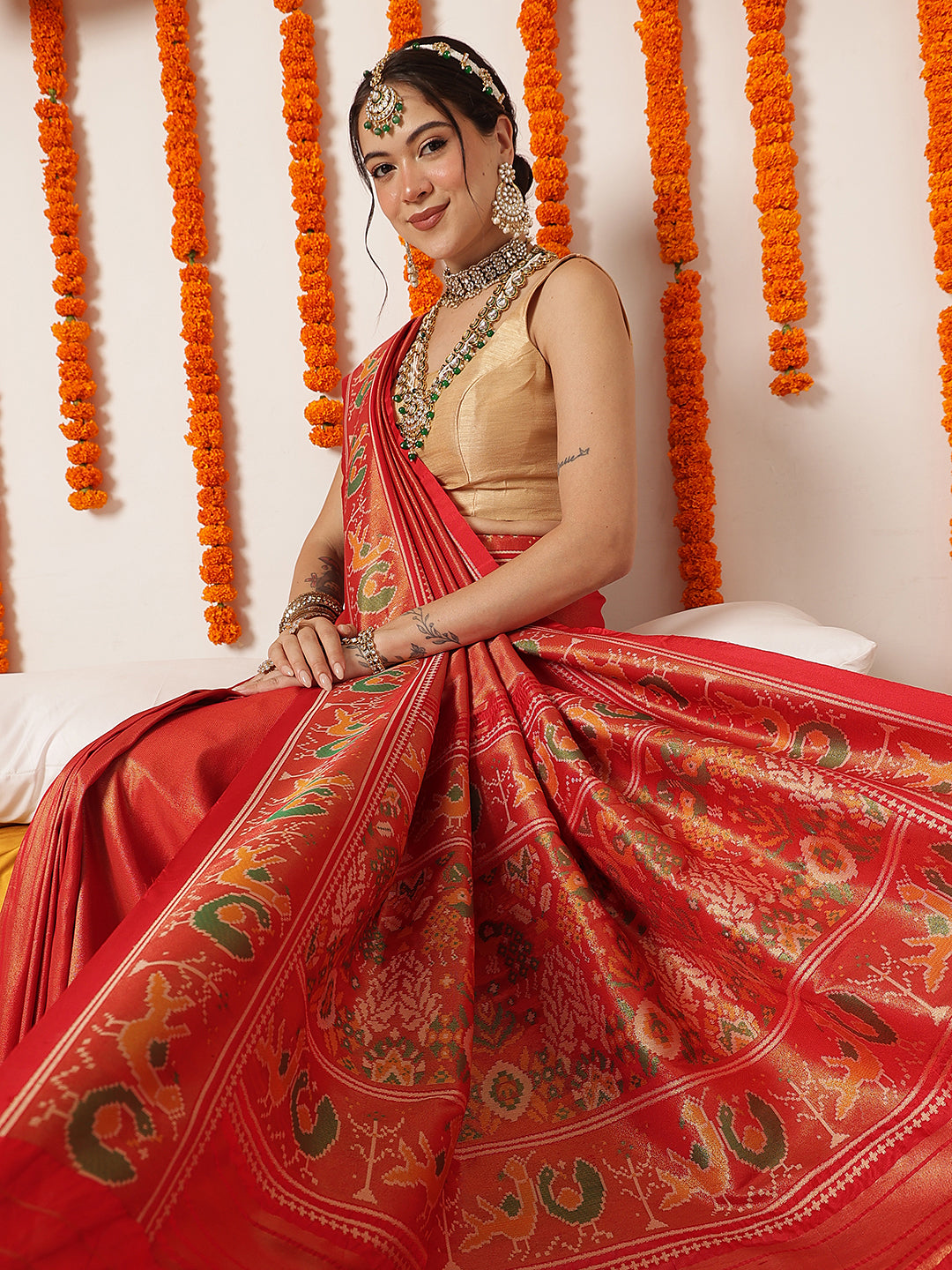 Tissue Inspired Pure Weaving Gala Patola Saree With Handmade Tassels – Red – view 4