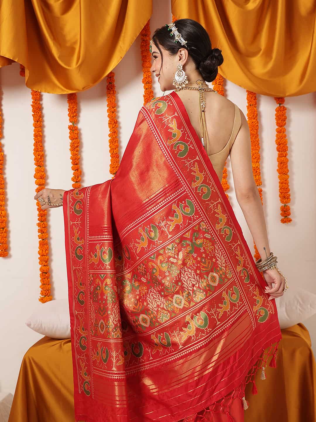 Tissue Inspired Pure Weaving Gala Patola Saree With Handmade Tassels – Red – view 5