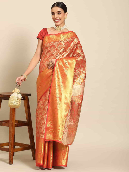 Women's Brocade Soft Silk Zari Woven Saree With Unstitched Blouse Piece