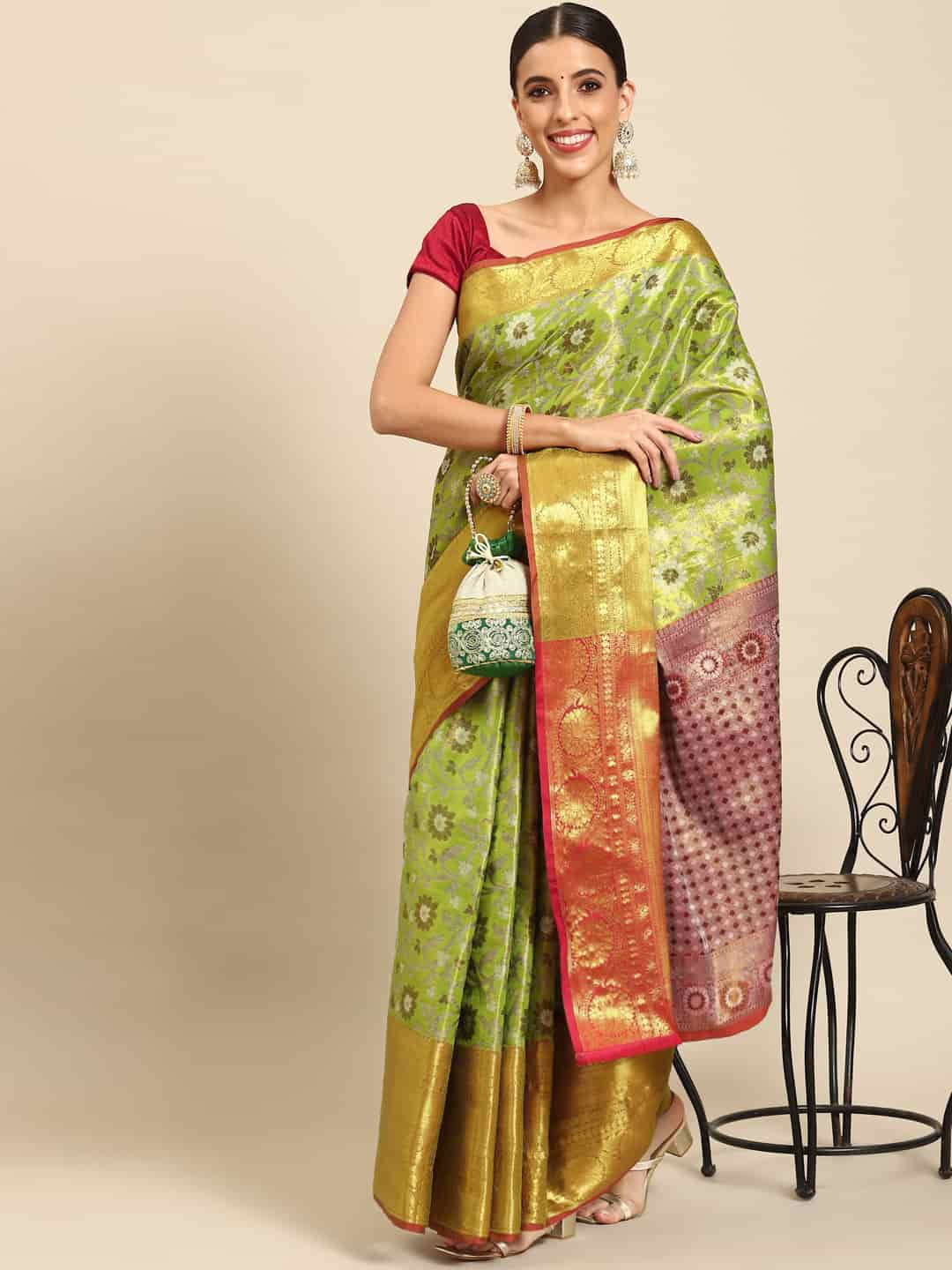 Women's Brocade Soft Silk Zari Woven Saree With Unstitched Blouse Piece