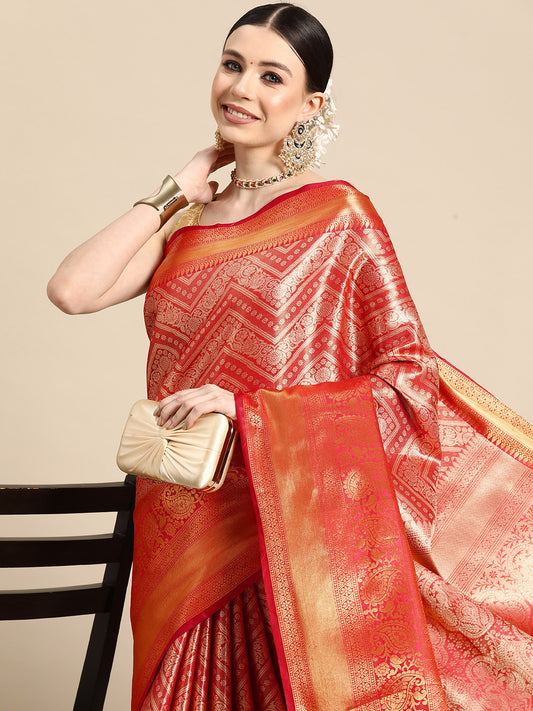 Women's Brocade Soft Silk Zari Woven Saree With Unstitched Blouse Piece