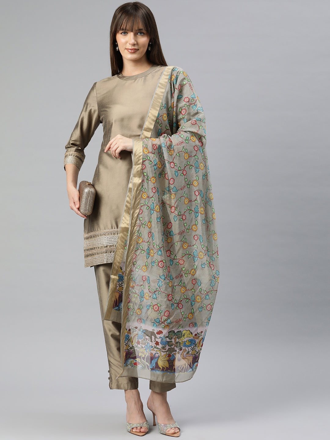 Kalamkari Printed Polyester Silk Zari Woven Border Dupatta