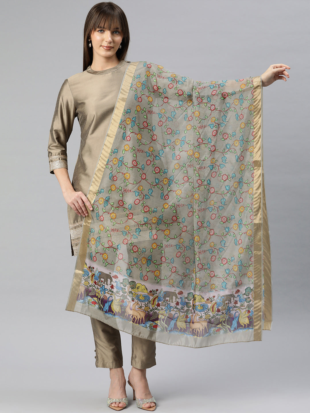 Kalamkari Printed Polyester Silk Zari Woven Border Dupatta