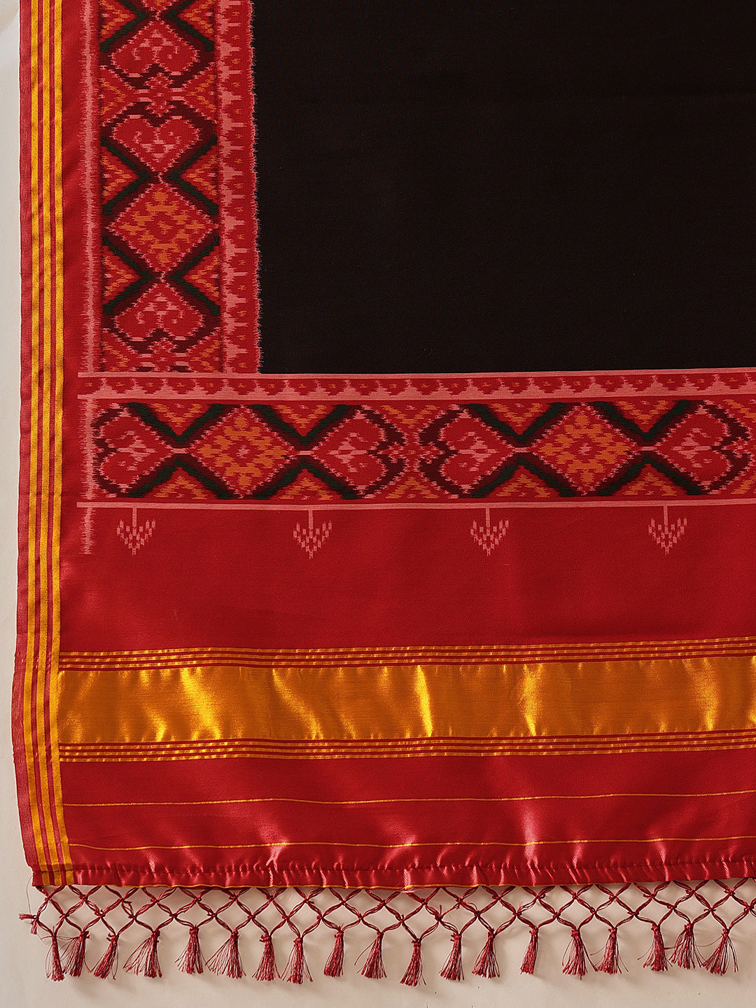 Ikkat Patola Solid Black Dupatta With Tassels