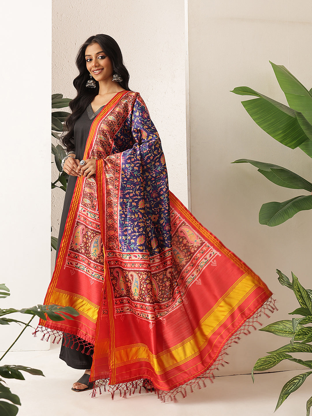 Kalamkari Patola Dupatta Digital Printed With Handmade Tassels