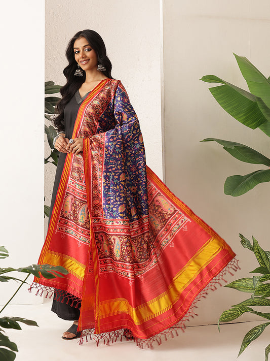 Kalamkari Patola Dupatta Digital Printed With Handmade Tassels