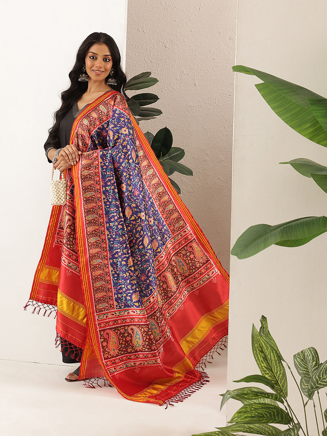 Kalamkari Patola Dupatta Digital Printed With Handmade Tassels