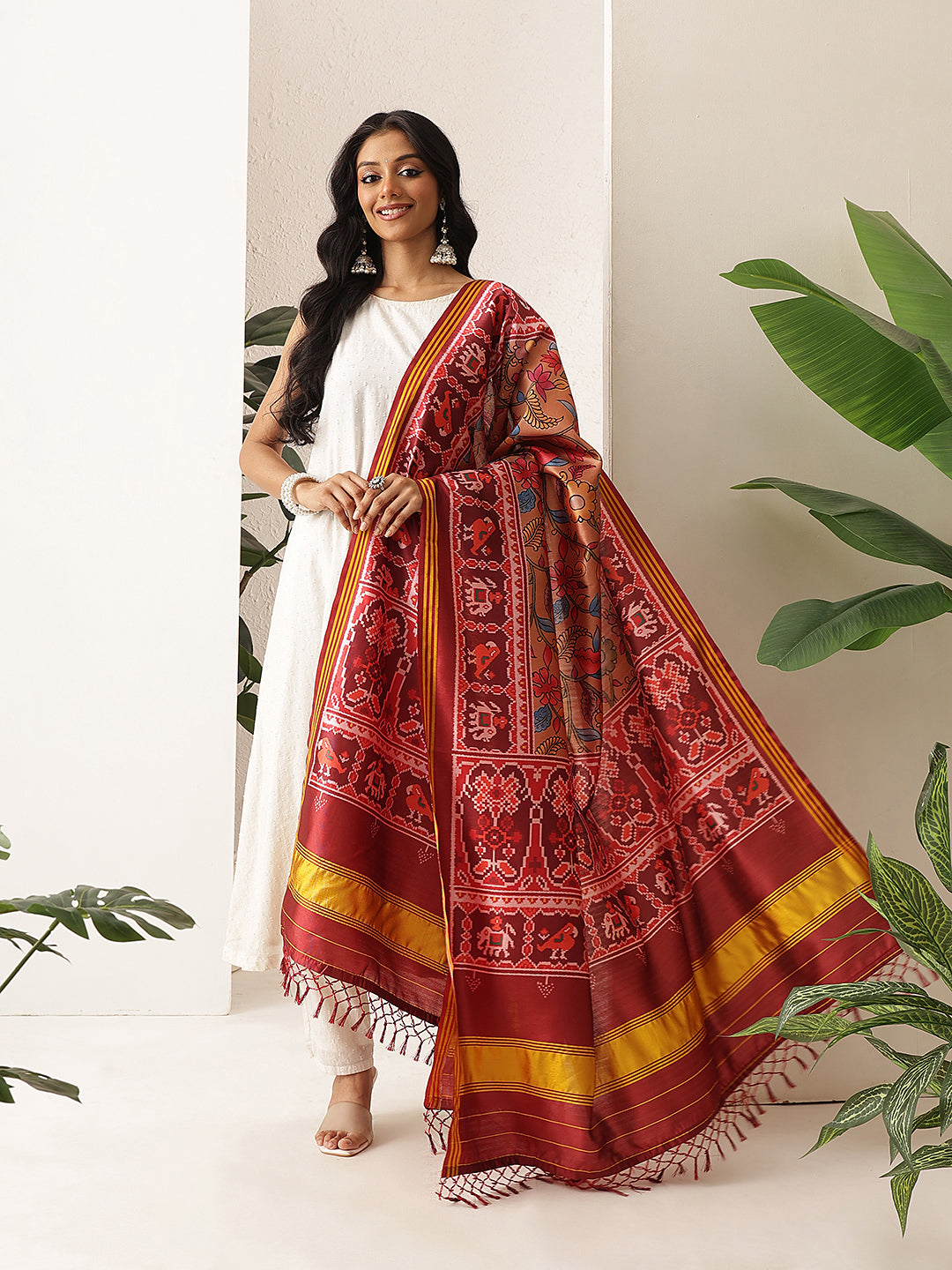 Kalamkari Patola Dupatta Digital Printed With Handmade Tassels
