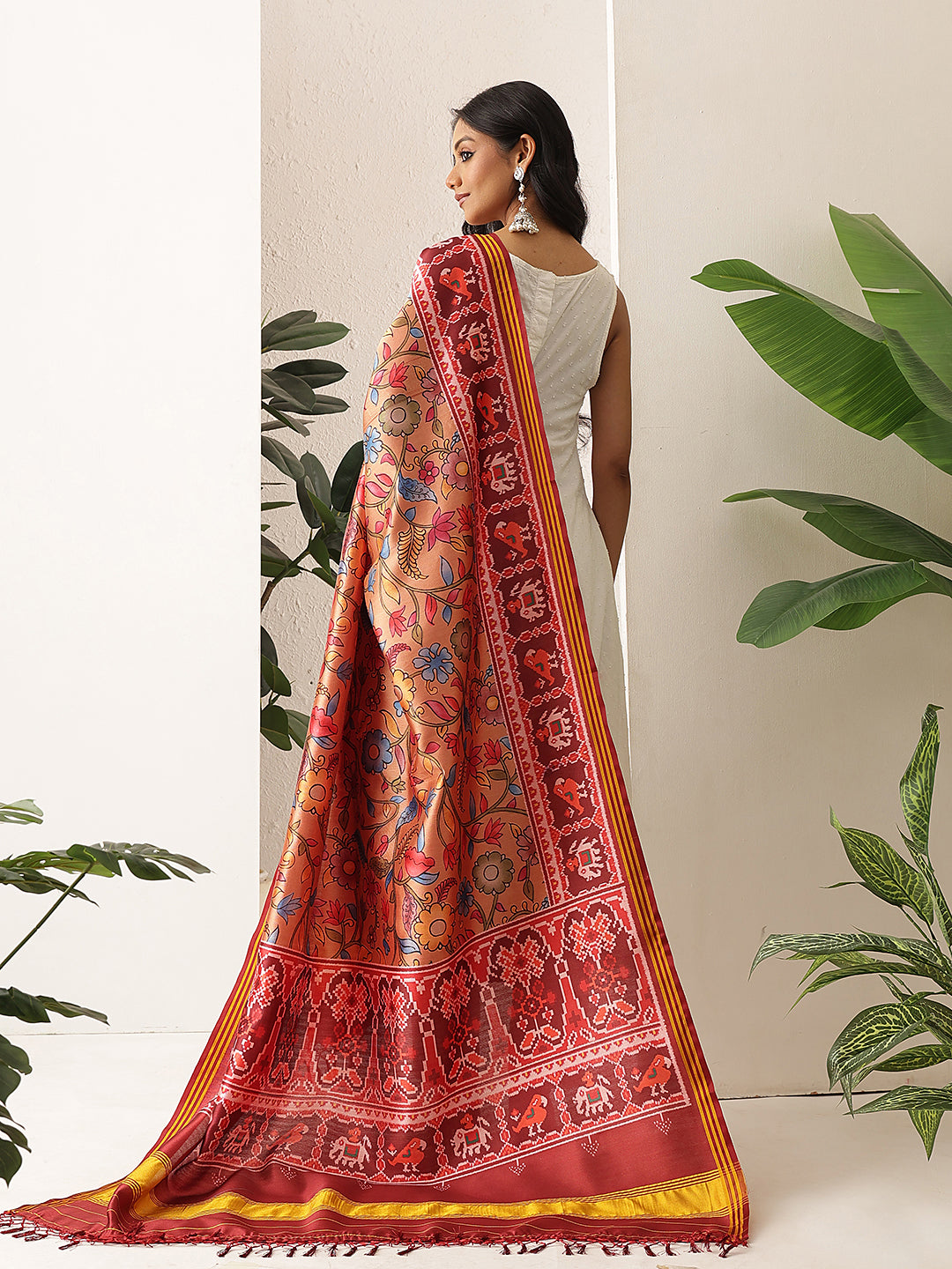 Kalamkari Patola Dupatta Digital Printed With Handmade Tassels