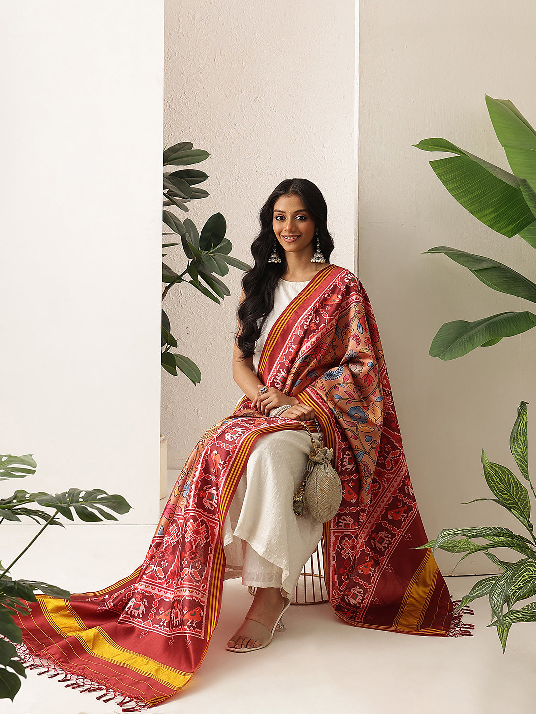 Kalamkari Patola Dupatta Digital Printed With Handmade Tassels