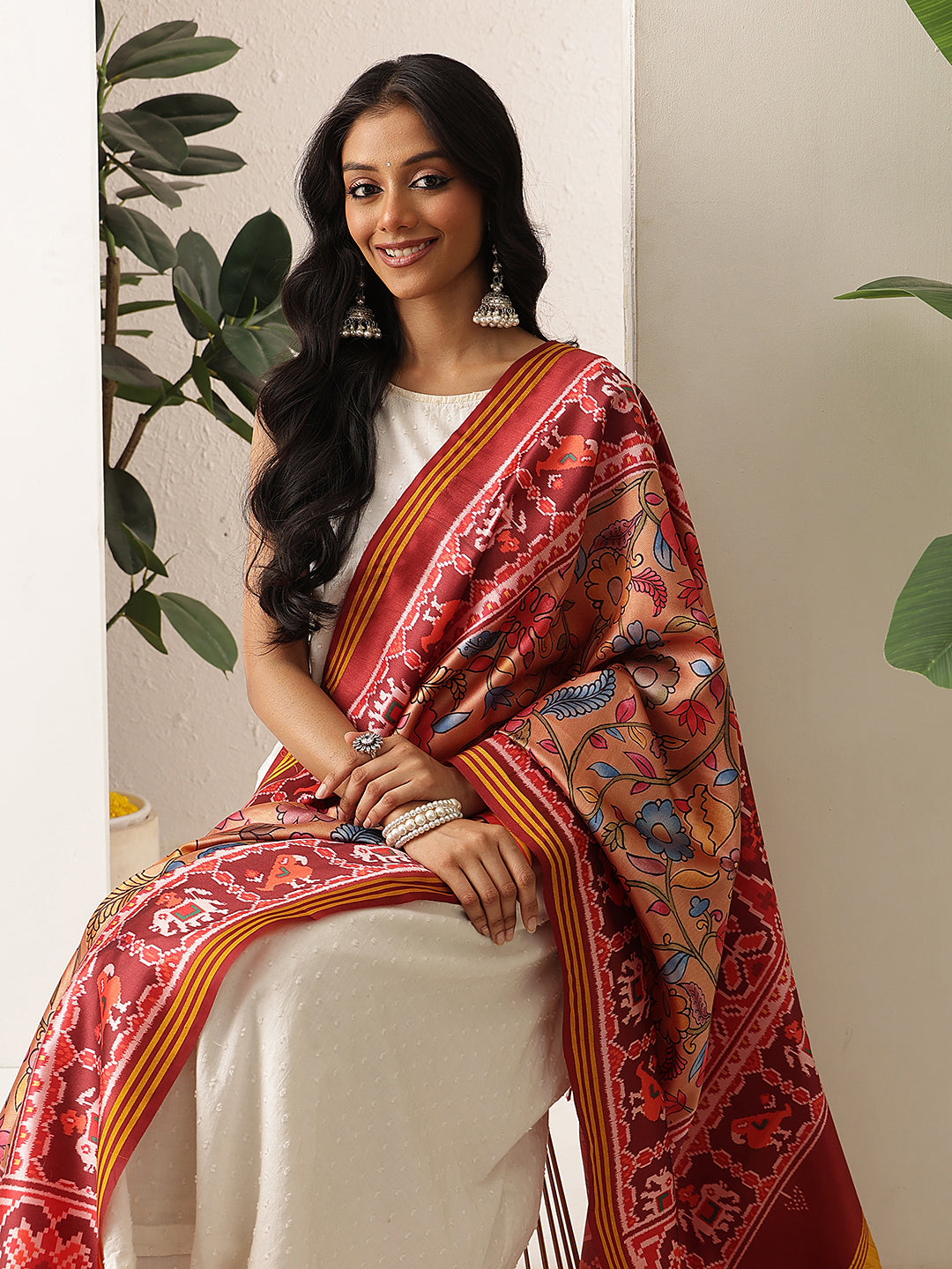 Kalamkari Patola Dupatta Digital Printed With Handmade Tassels