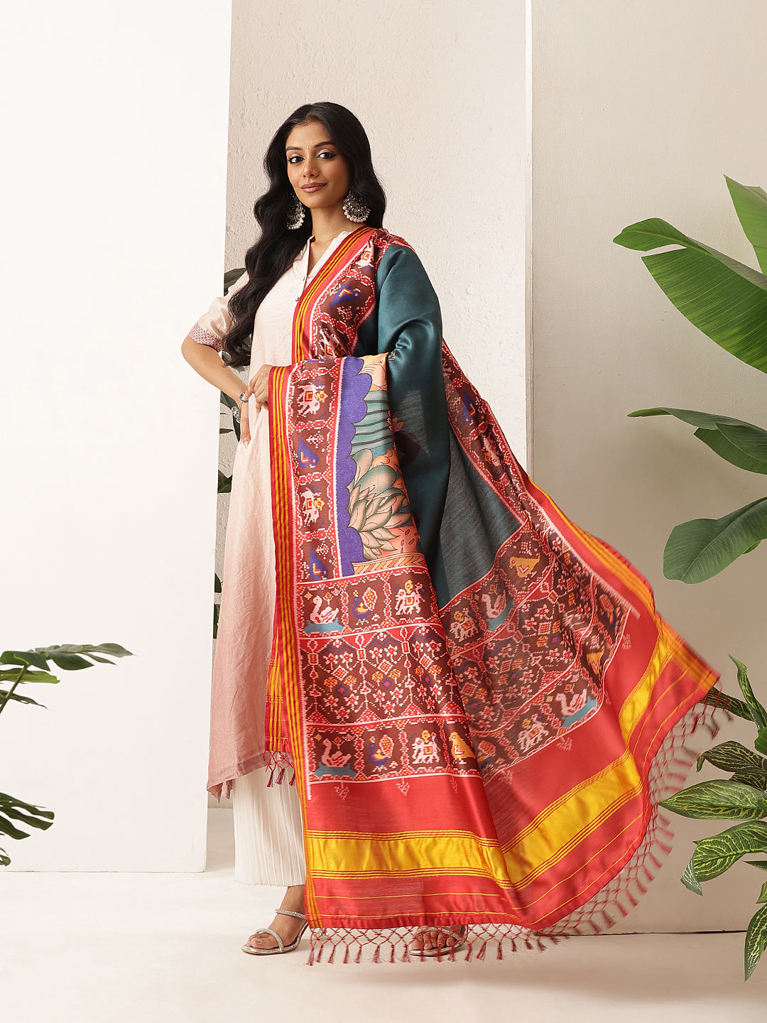 Kalamkari Patola Dupatta Digital Printed With Handmade Tassels