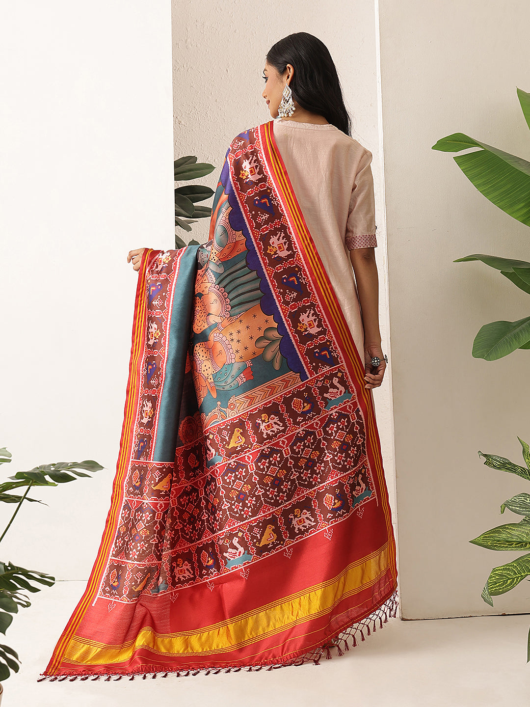 Kalamkari Patola Dupatta Digital Printed With Handmade Tassels
