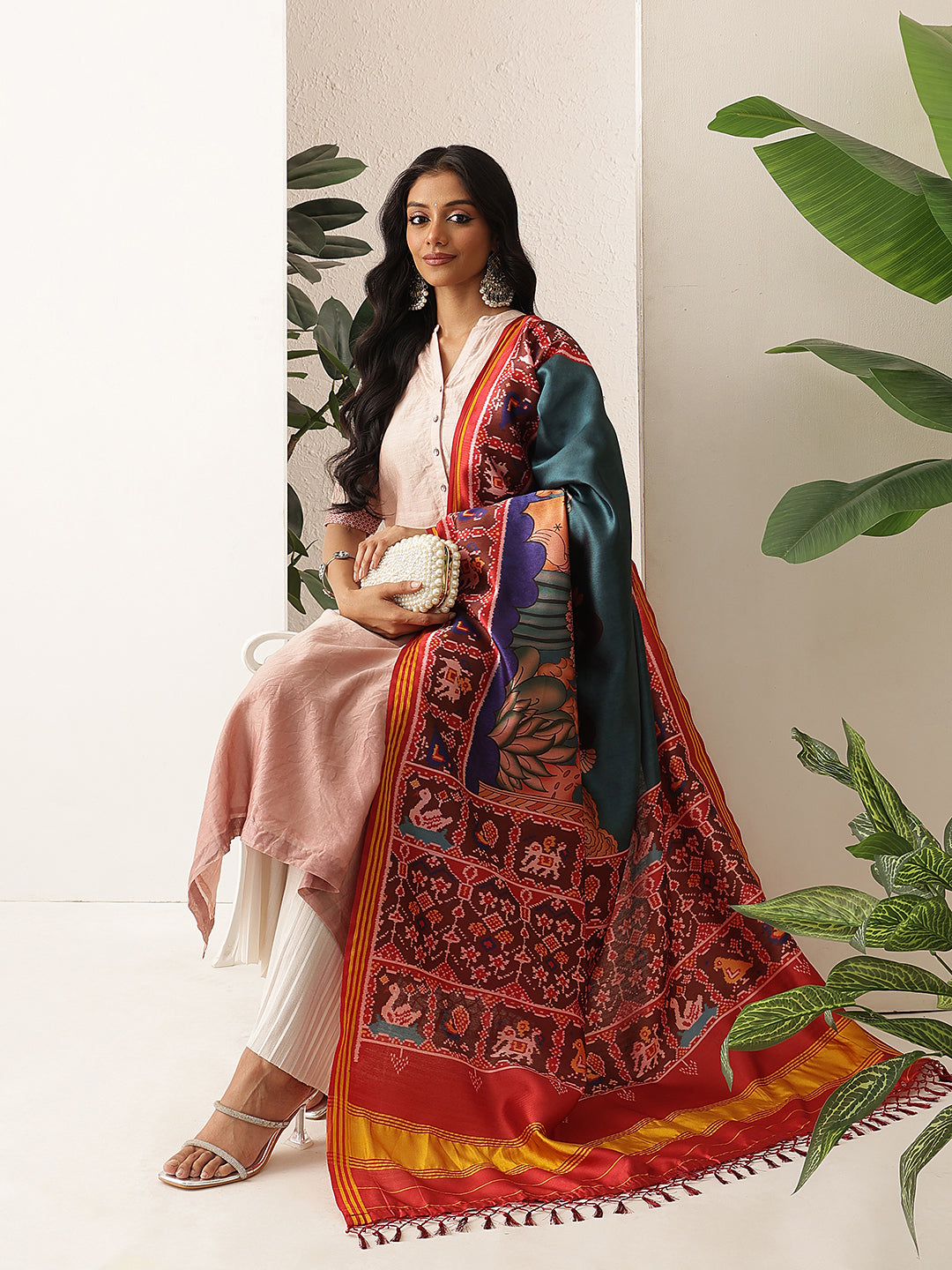 Kalamkari Patola Dupatta Digital Printed With Handmade Tassels