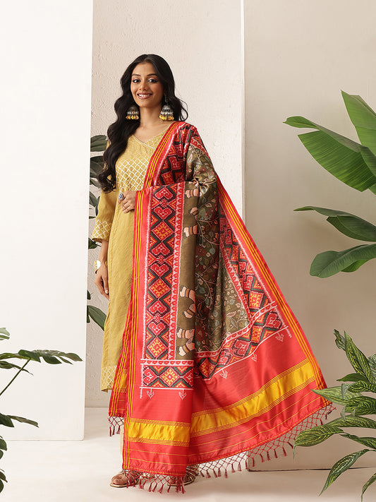 Kalamkari Patola Dupatta Digital Printed With Handmade Tassels