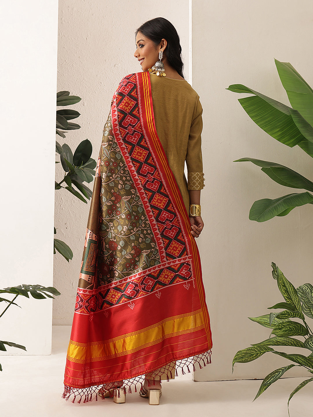 Kalamkari Patola Dupatta Digital Printed With Handmade Tassels