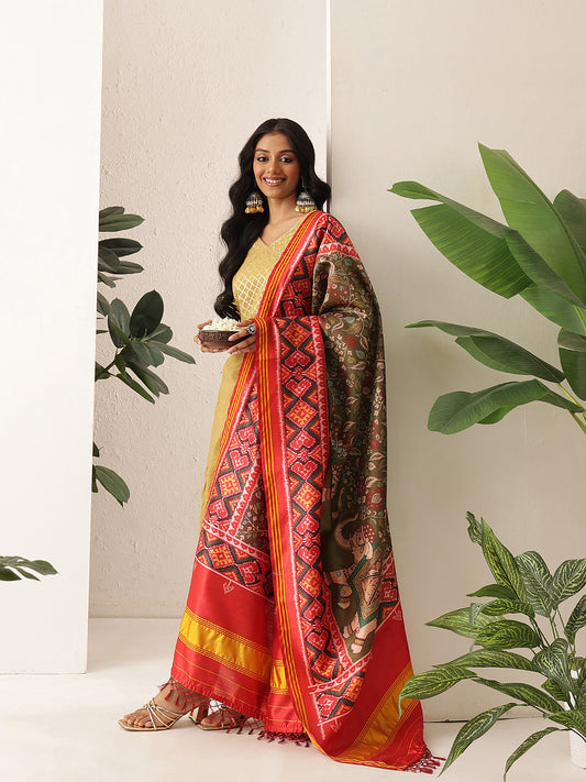Kalamkari Patola Dupatta Digital Printed With Handmade Tassels
