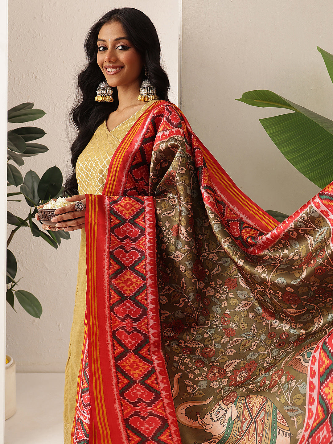 Kalamkari Patola Dupatta Digital Printed With Handmade Tassels