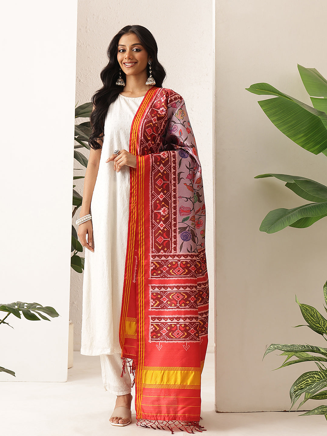Kalamkari Patola Dupatta Digital Printed With Handmade Tassels
