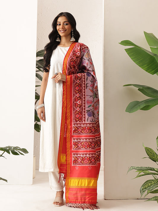 Kalamkari Patola Dupatta Digital Printed With Handmade Tassels