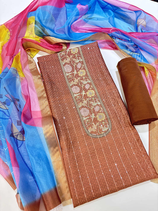 Chanderi Cotton Digital Printed Unstitched Dress Material With Solid Bottom & Printed Dupatta