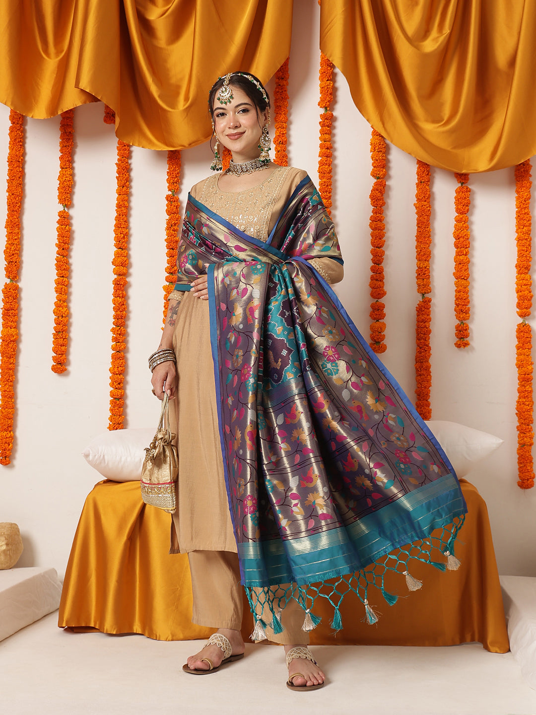 Pure Weaving Patola Dupatta With Paithani Border & Pallu – Teal – view 4