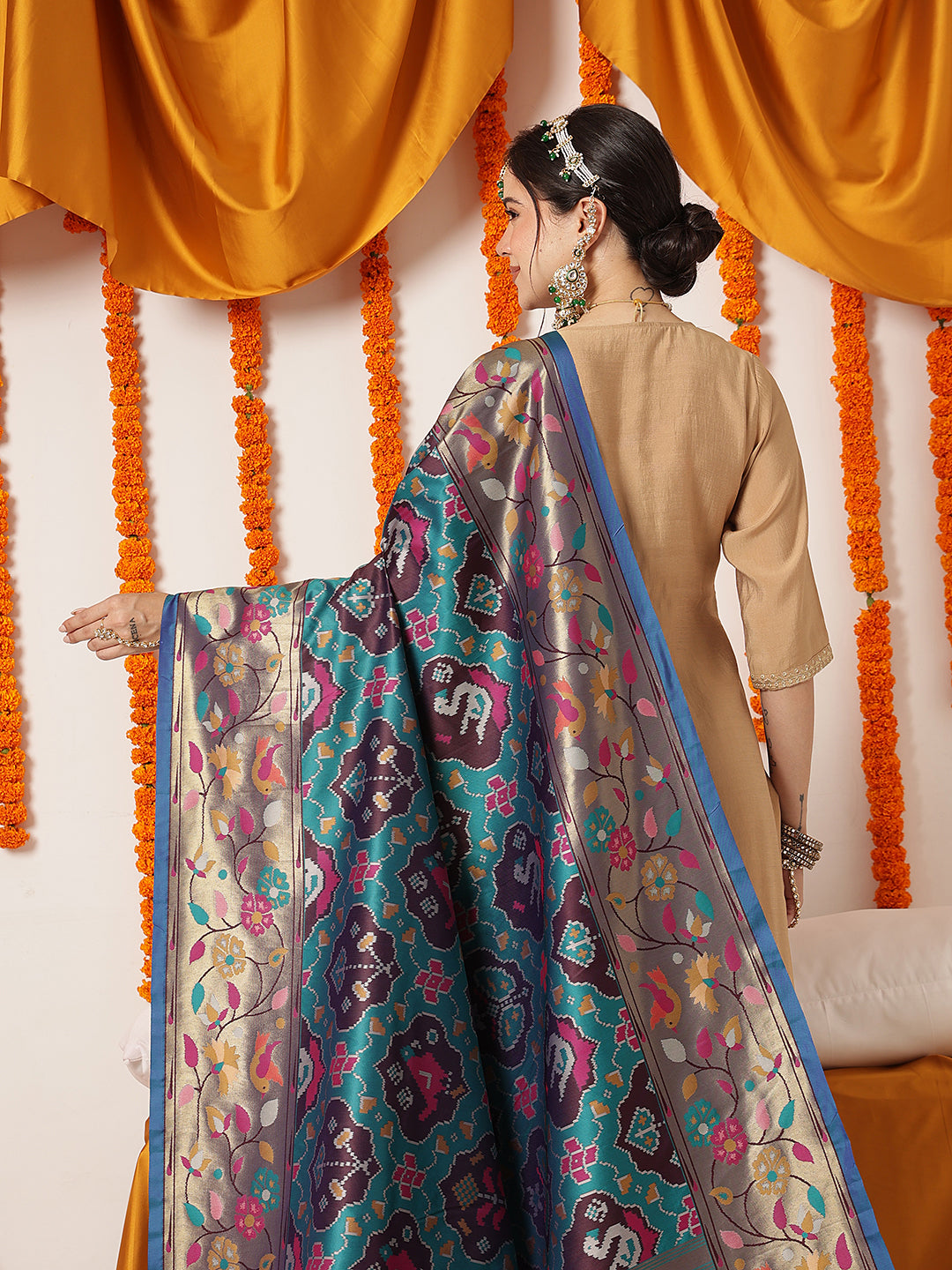 Pure Weaving Patola Dupatta With Paithani Border & Pallu – Teal – view 5