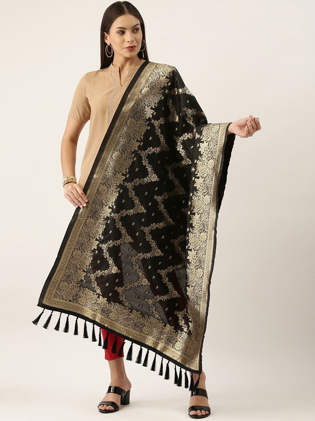 Banarasi Silk Zigzag Design Woven Dupatta With Tassels