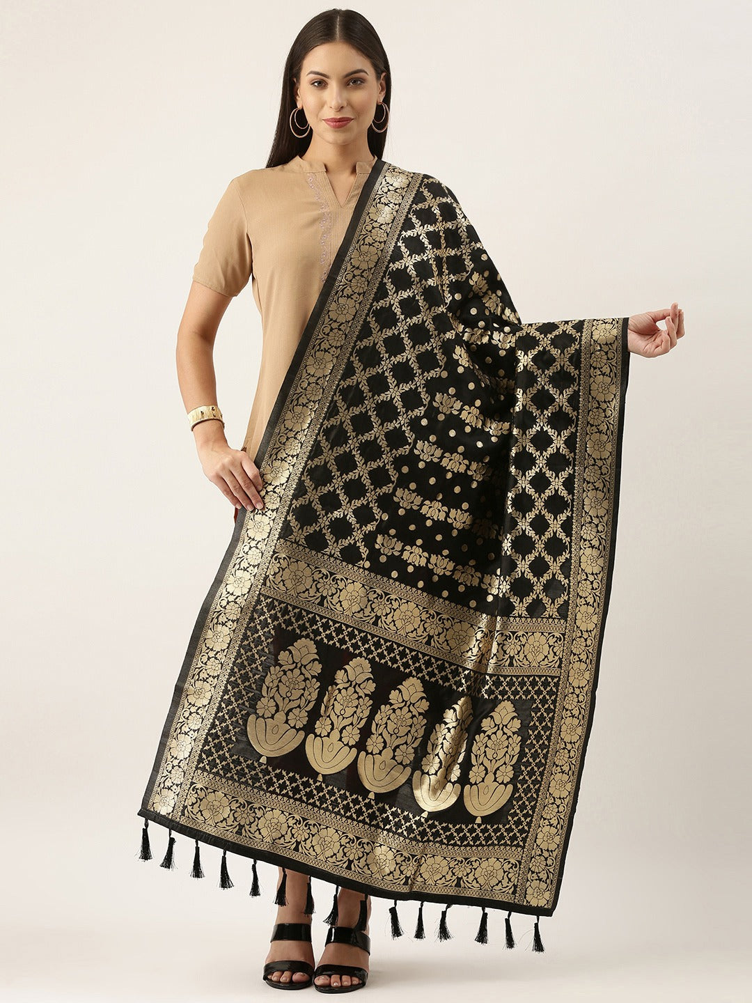 Banarasi Silk Floral Zari Woven Dupatta With tassels