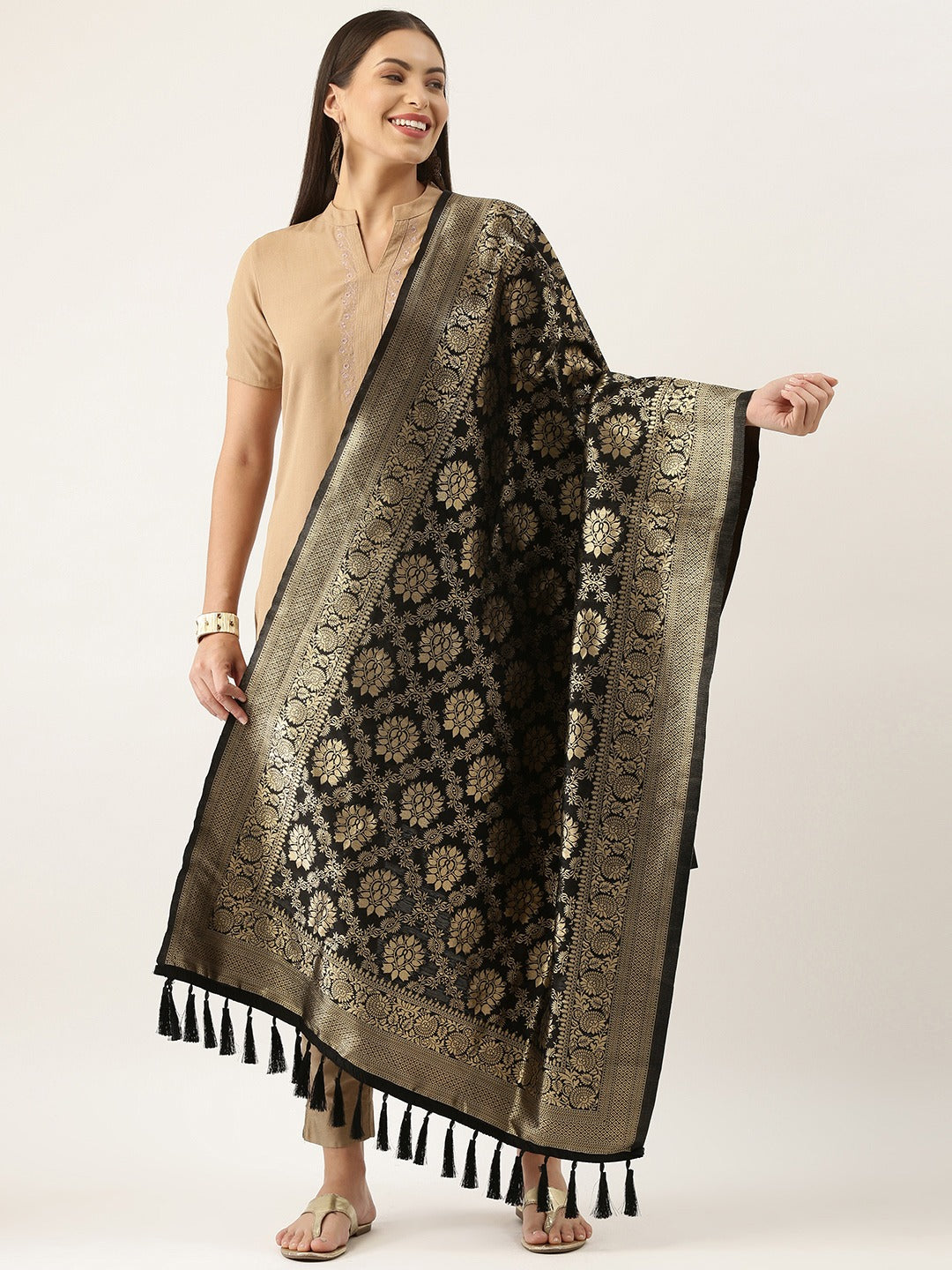 Floral Design Banarasi Silk Dupatta With Tassels