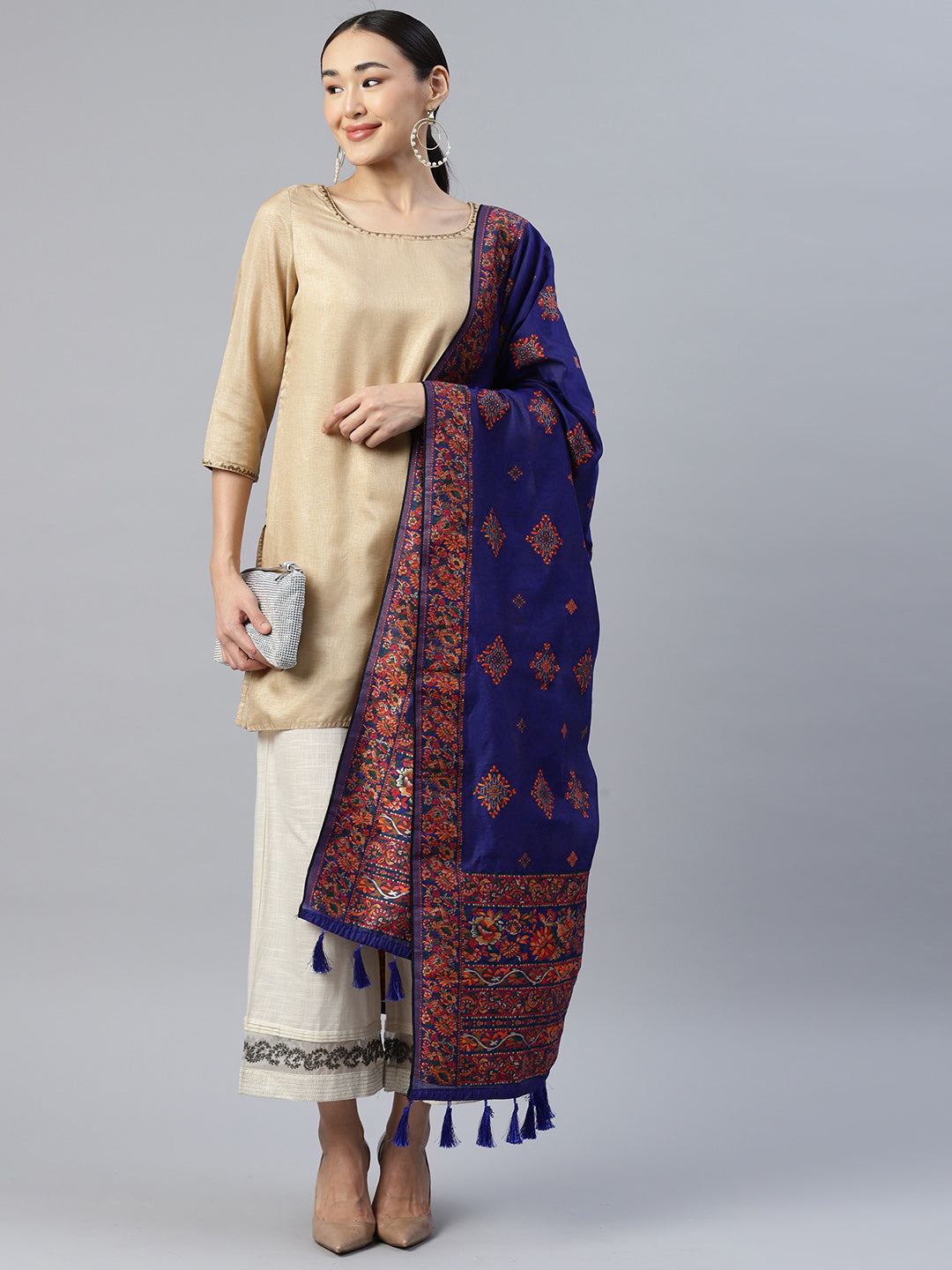 Blue & Red Ethnic Motifs Phulkari Embroidered Dupatta