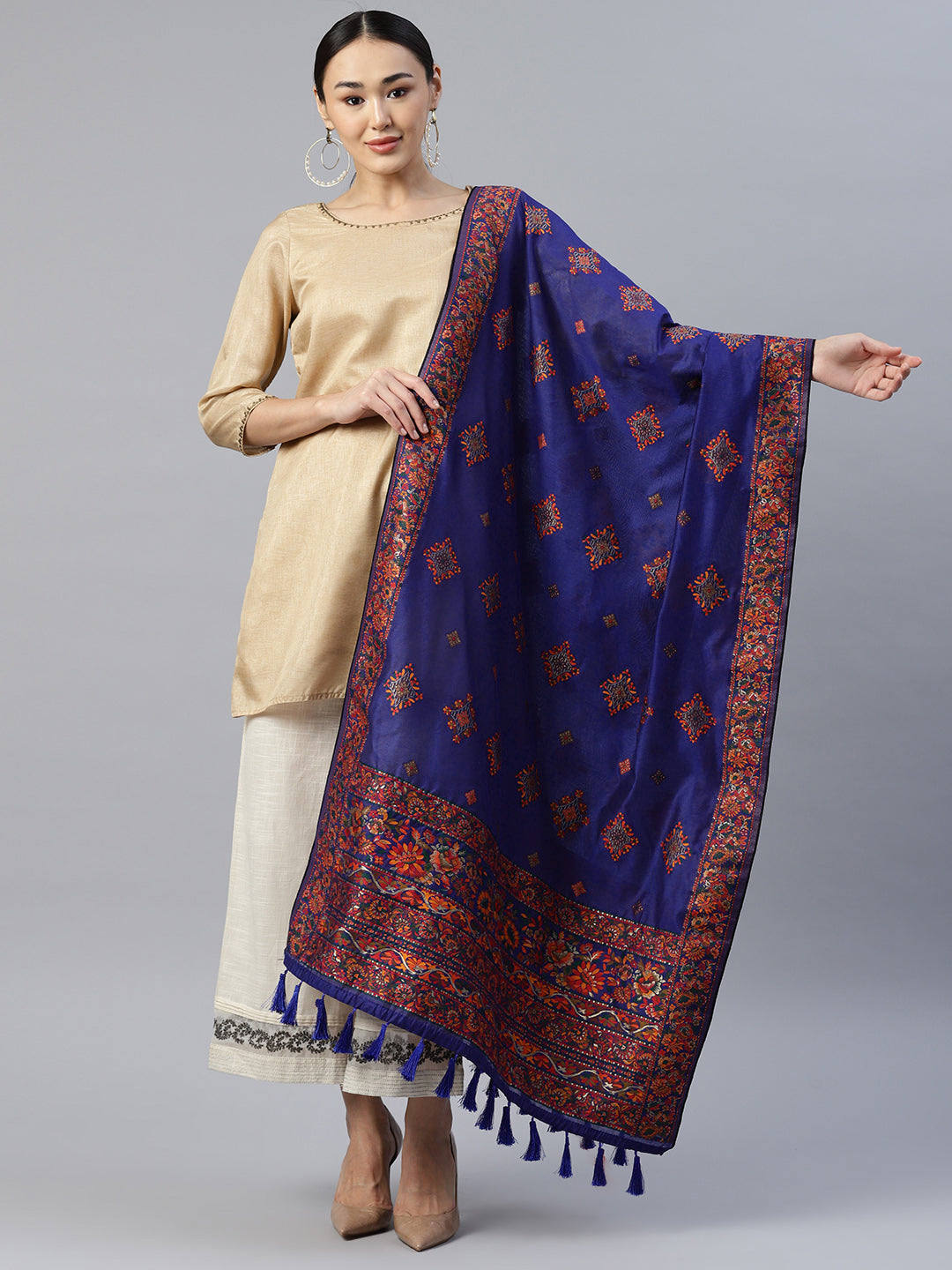 Blue & Red Ethnic Motifs Phulkari Embroidered Dupatta