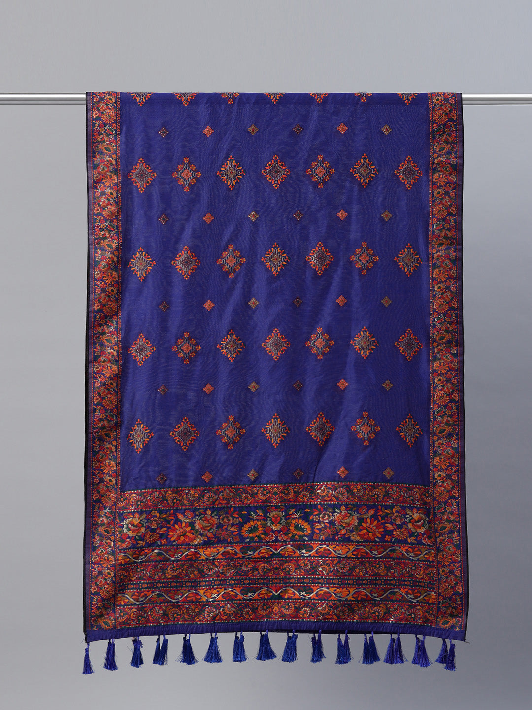 Blue & Red Ethnic Motifs Phulkari Embroidered Dupatta